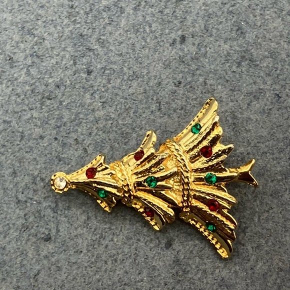 Christmas Pin Brooch Tree Gold Detailed Rhinestone Topper Green Red Ornaments - Picture 5 of 8